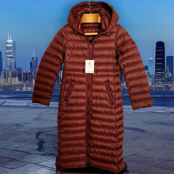 NWT Coach Burgundy Red Grey Duck Down Feather Long Puffer Hood Coat Jacket Sz. S - Picture 1 of 11